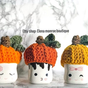 Marshmallow mug hat, marshmallow mug pumpkin hat, fall and autumn decor,  tiered holiday decor, crochet mug hats, s’mores holiday set