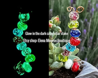 Luminous Caterpillar Plant Stake: Lampwork Glass Garden Decor, fairy garden theme, glass bead garden stake, fairy garden wand, caterpillar
