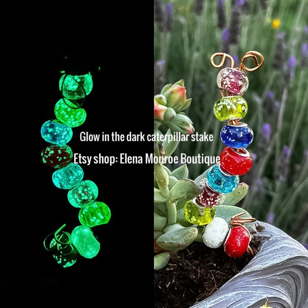 Glass bead hand blown  Glow in the dark mini caterpillar plant stake, fairy garden stick, garden stakes, 7 inch potted plant stake, lampwork