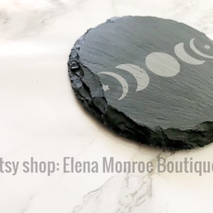 Moon phase round slate coaster, Wiccan theme drink coaster, triple moon goddess theme, druzy theme home decor, Wiccan alter decor, witchy