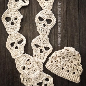 Crochet skull style scarf, day of the dead clothing, skeleton scarf and hat, Halloween beanie. Day of the dead scarf, Gothic chic. image 1