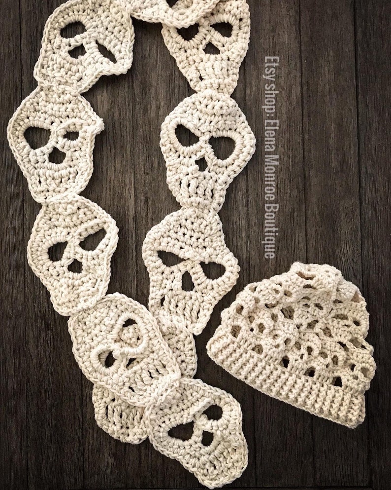 Crochet skull style scarf, day of the dead clothing, skeleton scarf and hat, Halloween beanie. Day of the dead scarf, Gothic chic. image 1