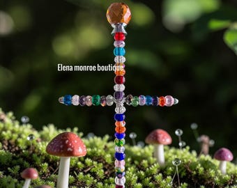 Glass Beaded Garden Cross: Religious Memorial Decoration Suncatcher, 14 inch, Easter garden decor, all glass beads, grave marker, Christian