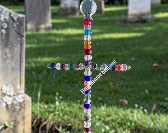 Glass Beaded Garden Cross: Religious Memorial Decoration