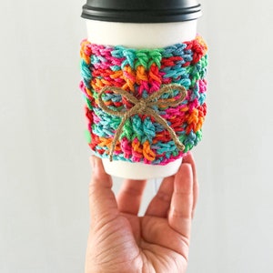Rainbow Crochet Cup Cozy: Textured Coffee Sleeve with Bow