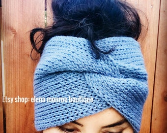 Hand knit turban, twisted headband, messy bun head wrap, stretchy headband, boho headband