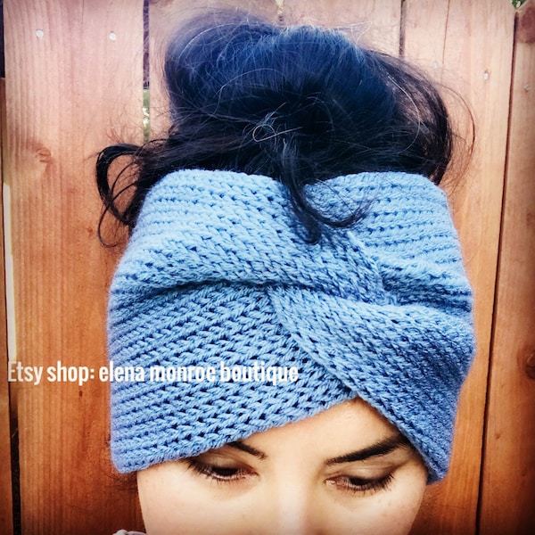 Hand knit turban, twisted headband, messy bun head wrap, stretchy headband, boho headband