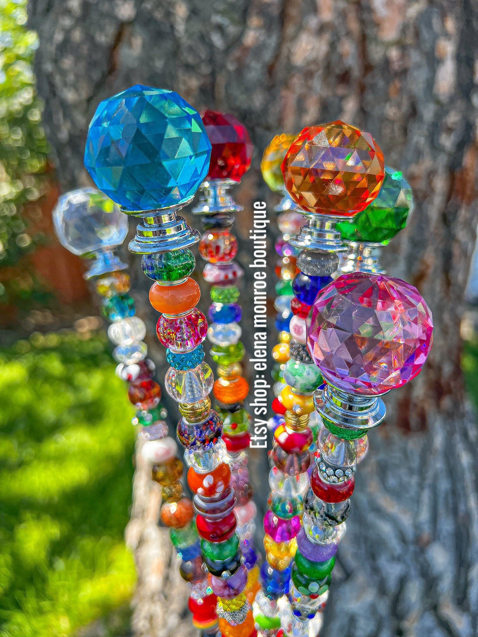 14 inch jeweled garden stake, planter stake, round prism garden stick, fairy garden stake, plant bling, potted plant stake, colorful, pretty