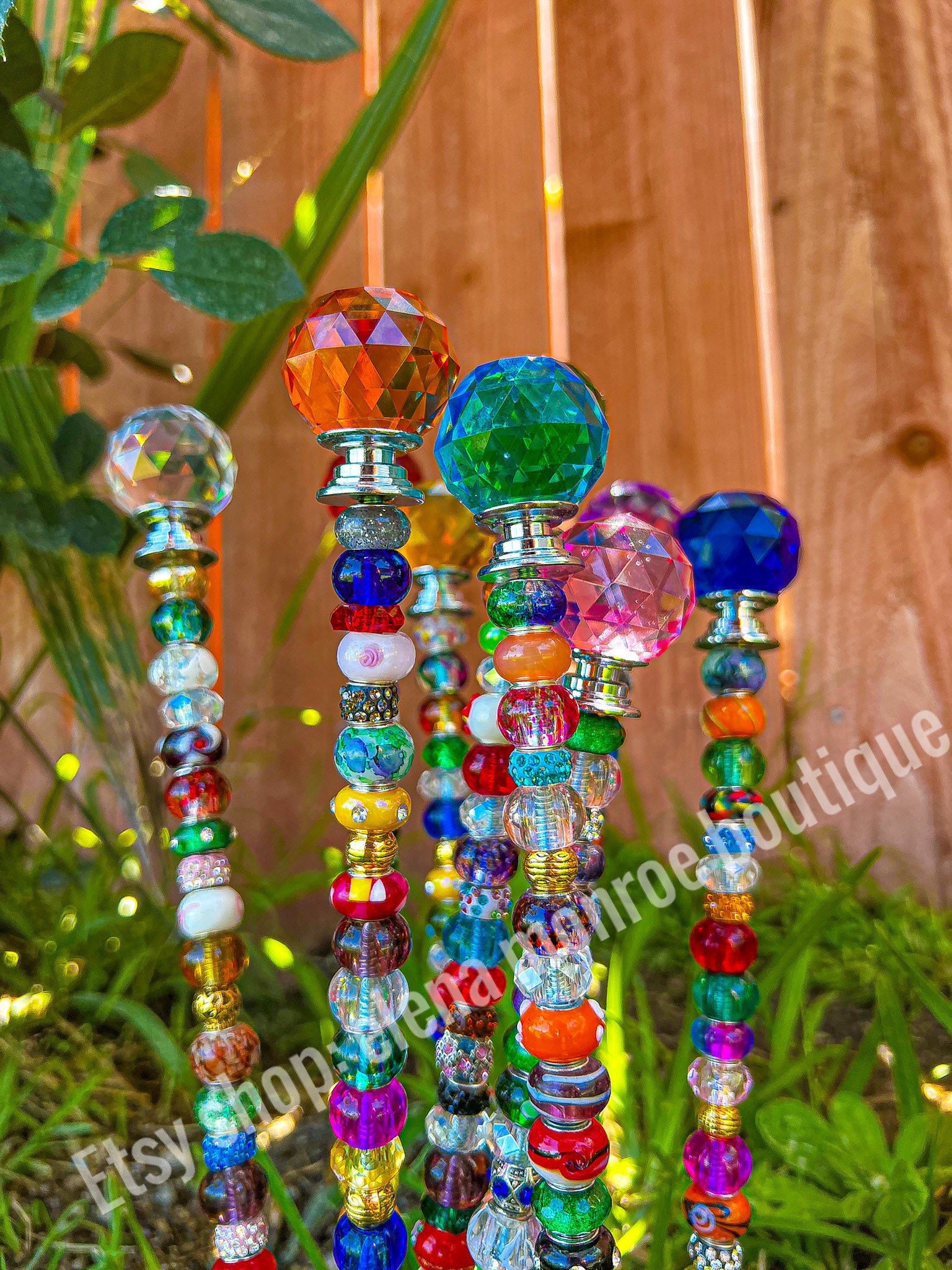 14 inch jeweled garden stake, planter stake, round prism garden stick, fairy garden stake, plant bling, potted plant stake, colorful, pretty