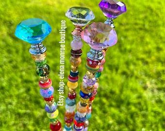14 in. Sun catcher garden stakes, fairy garden stakes, glass jeweled garden stake, garden bling , gift for her, yard art, floral bling,