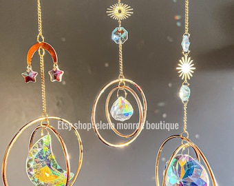 Sun moon stars and earth suncatcher, spherical prism, boho suncatcher, bedroom decor, moon magic, crystal sun catcher, light catcher, phase