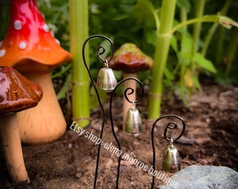 Miniature shepard hook, fairy garden door , fairy cottage decor, potted plant charms, pagan garden bells, terrarium accessories, mini bells