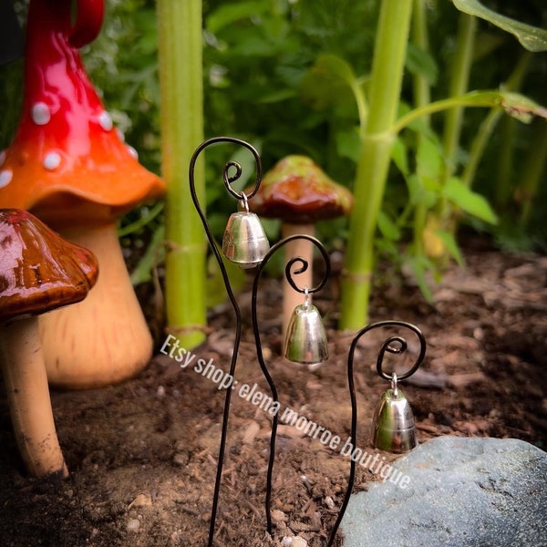 Miniature shepard hook, fairy garden door , fairy cottage decor, potted plant charms, pagan garden bells, terrarium accessories, mini bells