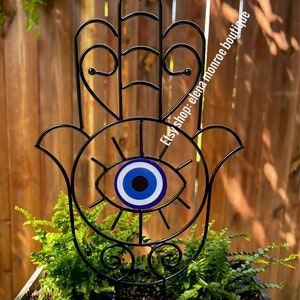 14 inch Evil eye garden stake, hamsa plant trellis, garden and home protection, potted plant stake, witchy garden, good luck plant charm