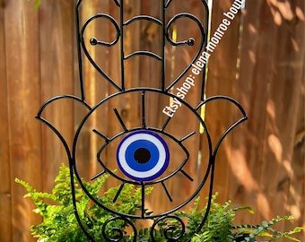 14 inch Evil eye garden stake, hamsa plant trellis, garden and home protection, potted plant stake, witchy garden, good luck plant charm