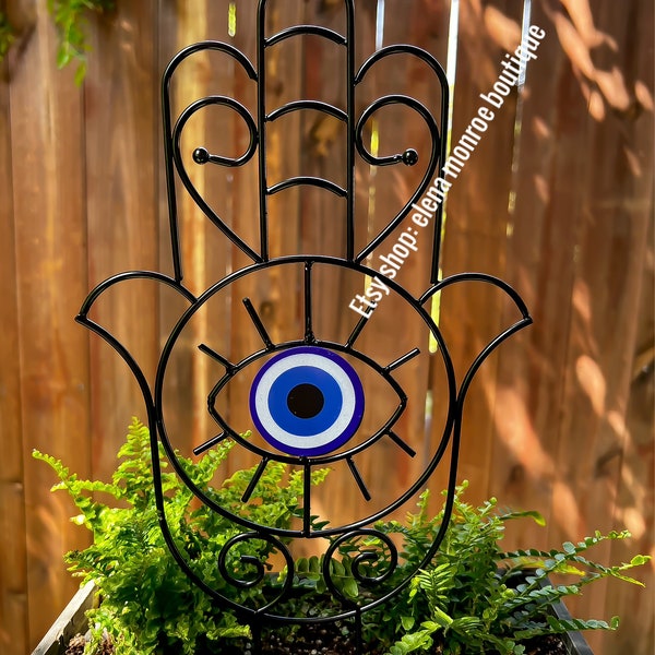 14 inch Evil eye garden stake, hamsa plant trellis, garden and home protection, potted plant stake, witchy garden, good luck plant charm