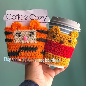 Crochet honey Bear coffee cozy, crochet tiger cup cozy, storybook inspired cup cozy, bear theme coffee cozy