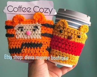 Crochet honey Bear coffee cozy, crochet tiger cup cozy, storybook inspired cup cozy, bear theme coffee cozy