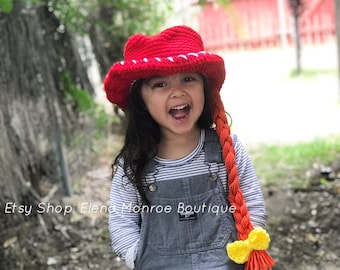 Crochet Cowgirl Hat: Jessie Costume, Baby-Adult Sizes, crochet rodeo costume, cowboy costume, Halloween, county fair, dress up hat, kids