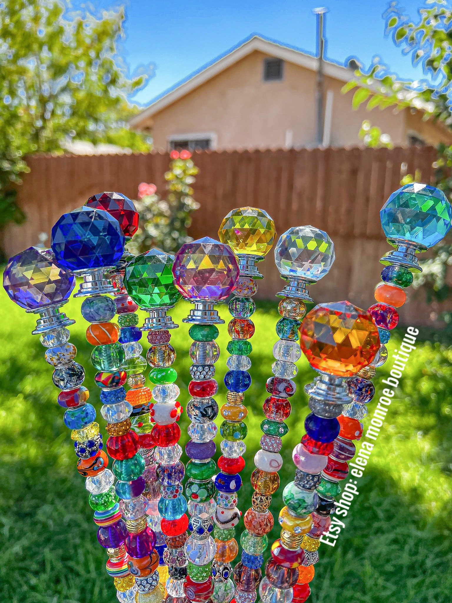 14 inch jeweled garden stake, planter stake, round prism garden stick, fairy garden stake, plant bling, potted plant stake, colorful, pretty