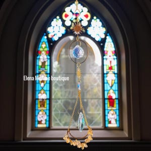 geometric sun catcher, moon phase and wealth and prosperity light catcher, citrine crystal suncatcher amulet, healing stone pendulum