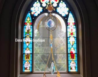 attrape-soleil géométrique, phase de lune et attrape-lumière richesse et prospérité, amulette attrape-soleil en cristal de citrine, pendule en pierre de guérison