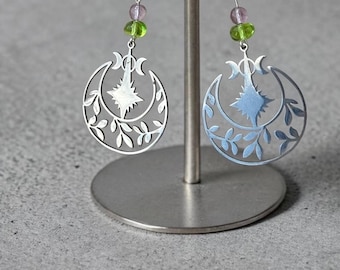 Moonphase drop earrings with glass bead accents, ren fair and wizardly, hypoallergenic wire backing, nature and magic theme jewelry