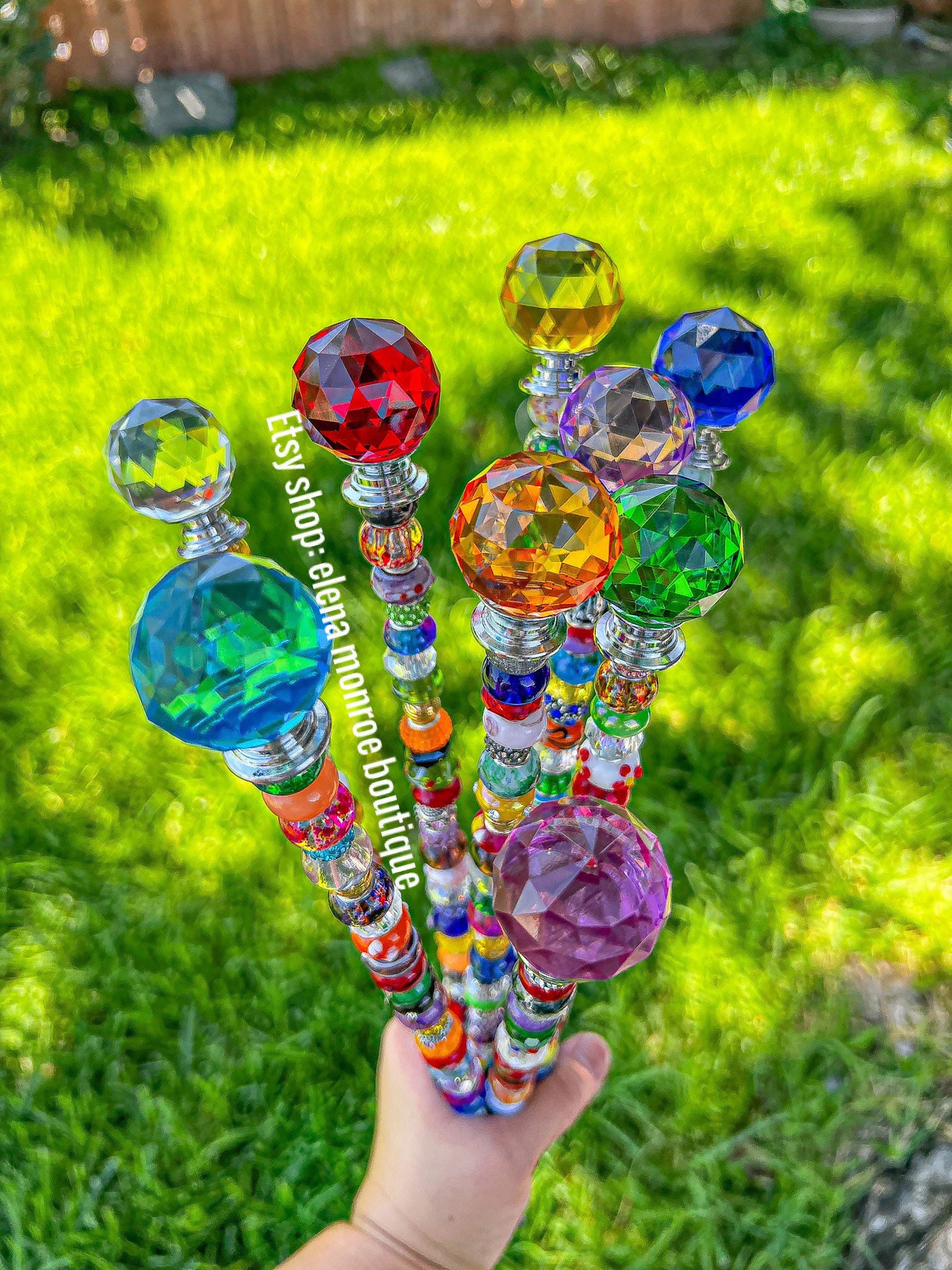 14 inch jeweled garden stake, planter stake, round prism garden stick, fairy garden stake, plant bling, potted plant stake, colorful, pretty