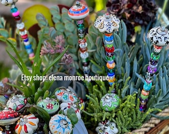 Pieux de jardin en céramique pour champignons et citrouilles, mini piquets de jardin ornés de bijoux, scintillement de plante en pot, succulent, champignons de jardin de fées, perle de verre