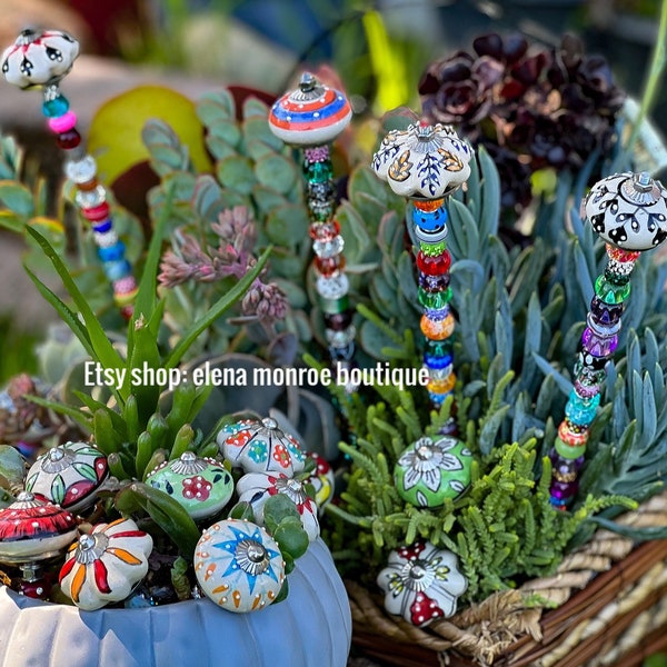 Ceramic mushroom and pumpkin garden stakes, mini jeweled garden stakes, potted plant bling, succulent, fairy garden mushrooms, glass bead