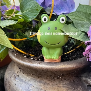 terracotta self watering spike, frog theme garden art, water wise garden tool, watering globes, garden terracotta ollas, vacation watering