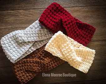 Crochet turban ear warmer, crochet twist headband knitted turban ear warmer, knitted ear warmer, lola headwrap, several  color options