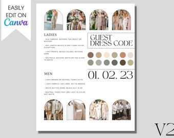 May include: A white document with the text "GUEST DRESS CODE" and "01. 02. 23". It includes images of wedding attire and a color palette. The document also lists dress code guidelines for ladies and men.