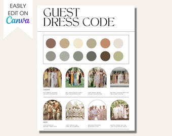 May include: A guide to guest dress code for a wedding or special event. The guide includes a color palette of beige, brown, green, and white. It also shows photos of guests dressed in the suggested attire. The text reads "Guest Dress Code", "Ladies", "Men", "Old fabric, nothing too heavy or wintery", "Any length (lace is only same color exception)", "Light pants, muted colors, nothing bare", "Neutrals, nothing white or too close to white", "Light brown on neutral, linen suits", "Light fabrics like linen, no the heavier", "White button down, black suit is ok", "Neutral tones that are light in color but not white"