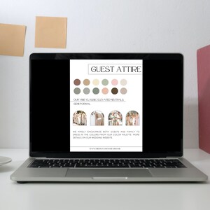 May include: A laptop screen displaying a wedding guest attire guide with a color palette of muted greens, browns, and pinks. The text reads "Guest Attire" and "Our vibe: Classic elevated neutrals, Semi-formal".