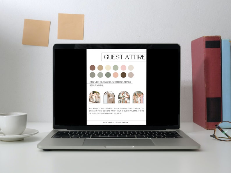 May include: A laptop screen displaying a wedding guest attire guide with a color palette of muted greens, browns, and pinks. The text reads "Guest Attire" and "Our vibe: Classic elevated neutrals, Semi-formal".