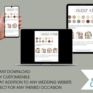 May include: A digital template for a wedding guest attire guide. The template features a color palette of muted greens, browns, and pinks. The text reads "Guest Attire" and "Our vibe: Classic elevated neutrals - semi-formal".