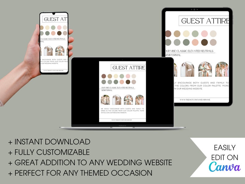 May include: A digital template for a wedding guest attire guide. The template features a color palette of muted greens, browns, and pinks. The text reads "Guest Attire" and "Our vibe: Classic elevated neutrals - semi-formal".
