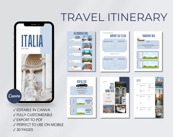 May include: A digital travel itinerary template for planning a trip to Italy. The template includes sections for accommodations, transportation, rental car, city hotel, and city information. The template is editable in Canva and includes 30 pages.