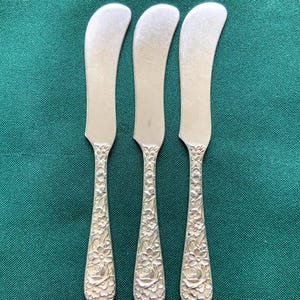 3 S. Kirk & Son Sterling Silver Repousse Butter Spreader Knives Vintage Flatware Utensils 5 1/4 Inches