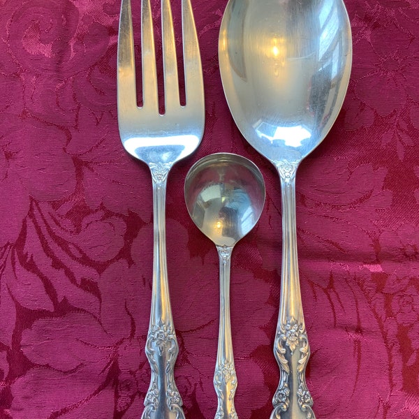 Vintage Silver Plated Serving Utensil Set Of 3 W M Rogers Grand Elegance Meat Fork Serving Spoon Cream Ladle 1959 Floral Handle