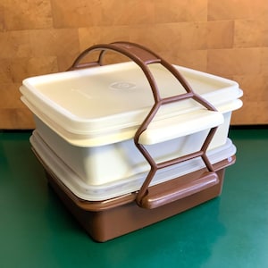 Vintage Tupperware Stacking Sandwich Food Boxes With Lids And Handle Brown & White Plastic Lunch Snack Containers