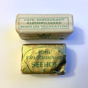 Saquinho de cubo de açúcar vintage suíço, saquinho de hotel e restaurante, anúncio de Seehof e Alpenwildpark Berghotel, coisas efêmeras colecionáveis