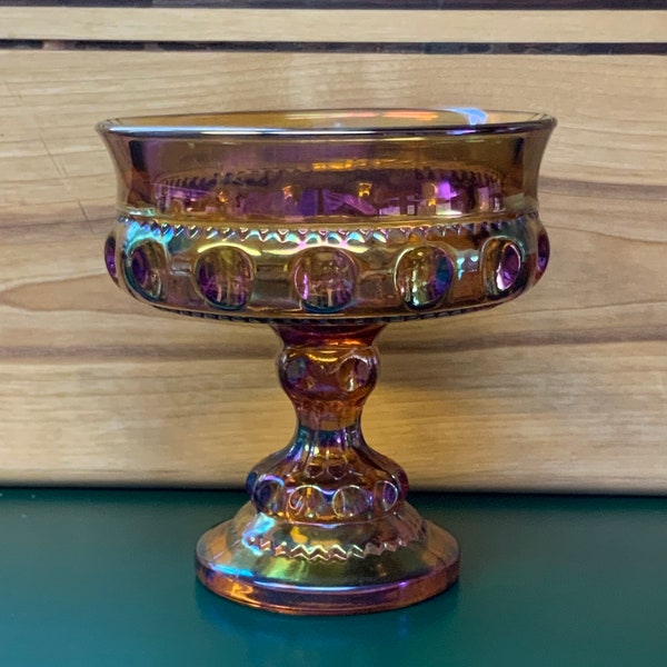 Vintage Carnival Glass Pedestal Dish Collectible Amber Colored Glass With Rainbow Finish Candy Bowl Soap Dish Flower Vase