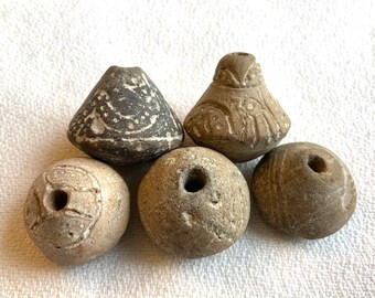 5 Pre Columbian Spindle Whorl Beads Collectible Ancient Clay Textile Artifacts