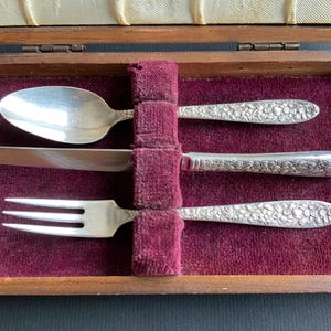 3-delig vintage verzilverd jeugdbestek met gebloemde handgrepen National Silver &quot;Narcissus&quot; Set narcissenvork, lepel en mes