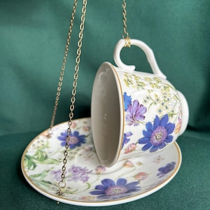 Tea Cup Bird Feeder Made From Kent Pottery Bone China Tea Cup And Saucer With Blue Flowers Hanging Garden Patio Decor