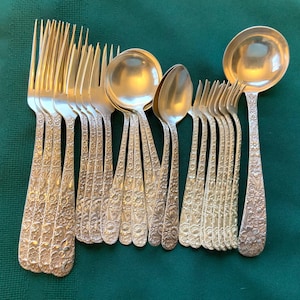 24 Pieces S Kirk & Son Sterling Silver Repousse Flatware Vintage Silverware With Ornate Floral Handles Monogramed