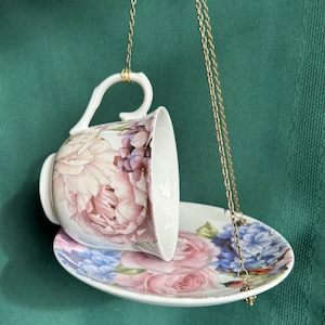 Tea Cup Bird Feeder Made From Kent Pottery Bone China Cup & Saucer With Pink And Blue Flowers Hanging Garden And Patio Decor