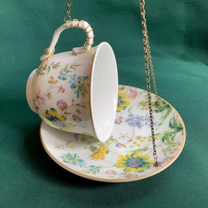 Tea Cup Bird Feeder Made From Repurposed Kent Pottery Tea Cup & Saucer With Yellow And Blue Flowers Hanging Garden And Patio Decor